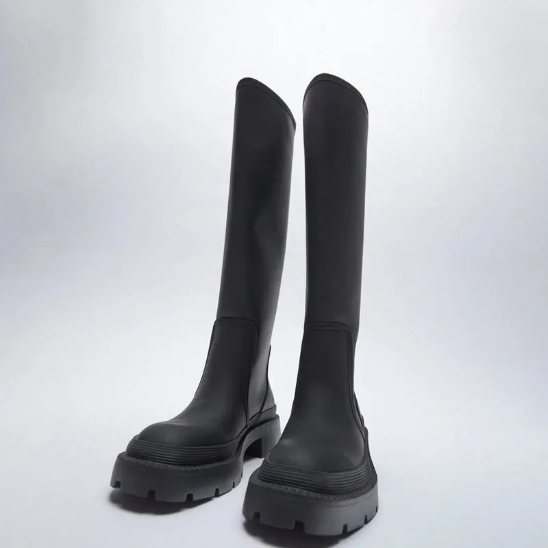 DEANWANGKT  New Round Toe Platform Women Knee High Boots Slip On Casual Chunky Heel Women Long Boots Luxury Brand Designer Winter Shoes