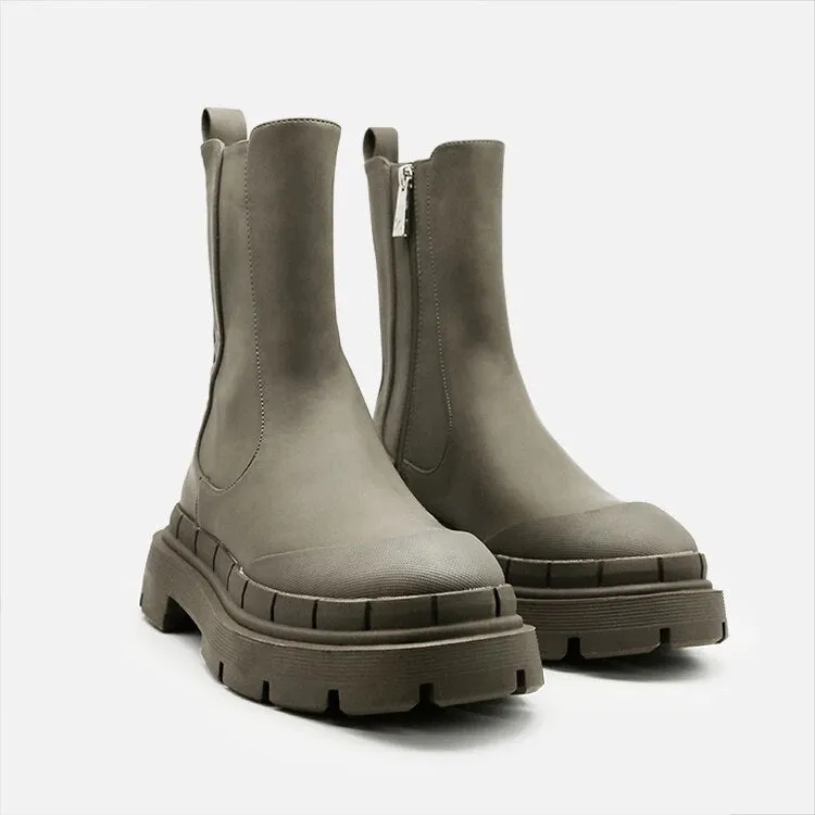 DEANWANGKT New Women's Ankle Boots Autumn Winter Chelsea Boots Pu Leather Zipper Chunky Heels Platform Fashion Ladies Shoes Long Boots