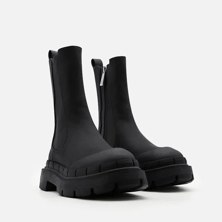 DEANWANGKT New Women's Ankle Boots Autumn Winter Chelsea Boots Pu Leather Zipper Chunky Heels Platform Fashion Ladies Shoes Long Boots