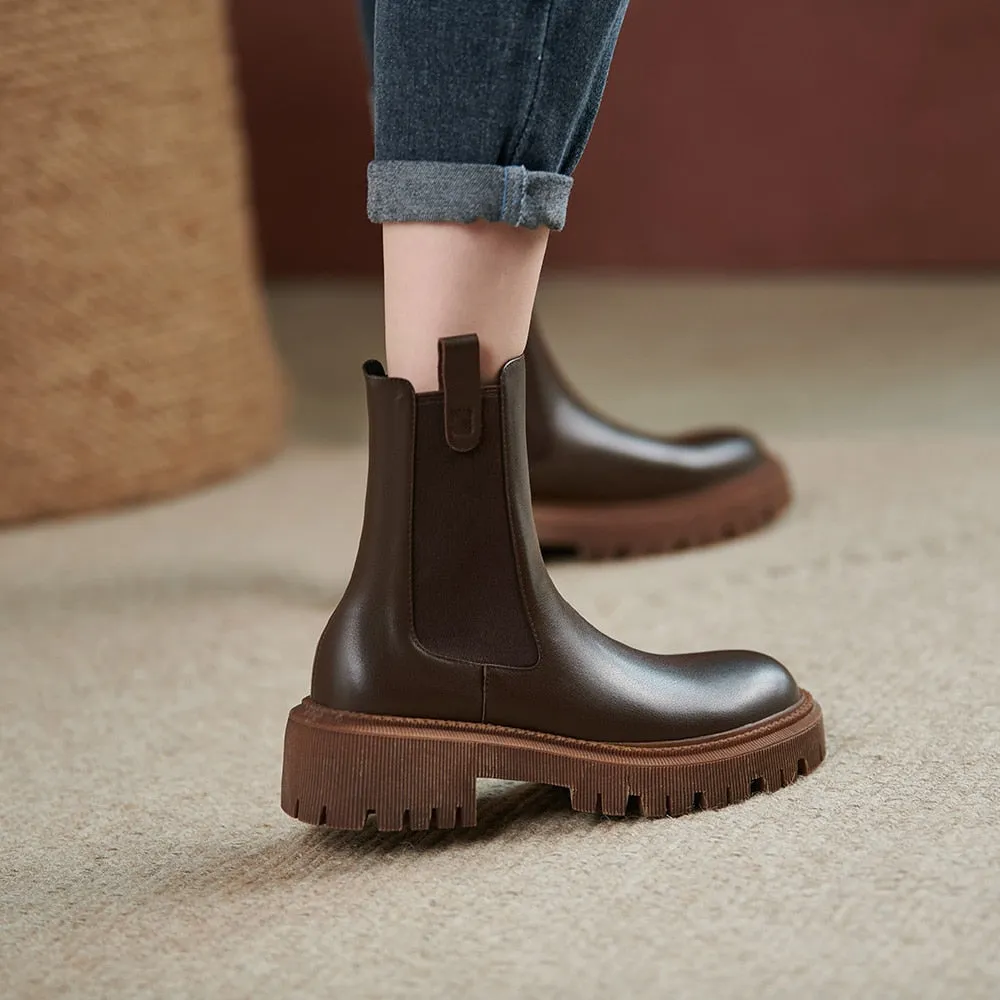 DEANWANGKT WHNB  New Cow Leather Chelsea Boots Women Slip on Ankle Boots Brown Fashion Genuine Leather Boots Ladies Fashion Shoes