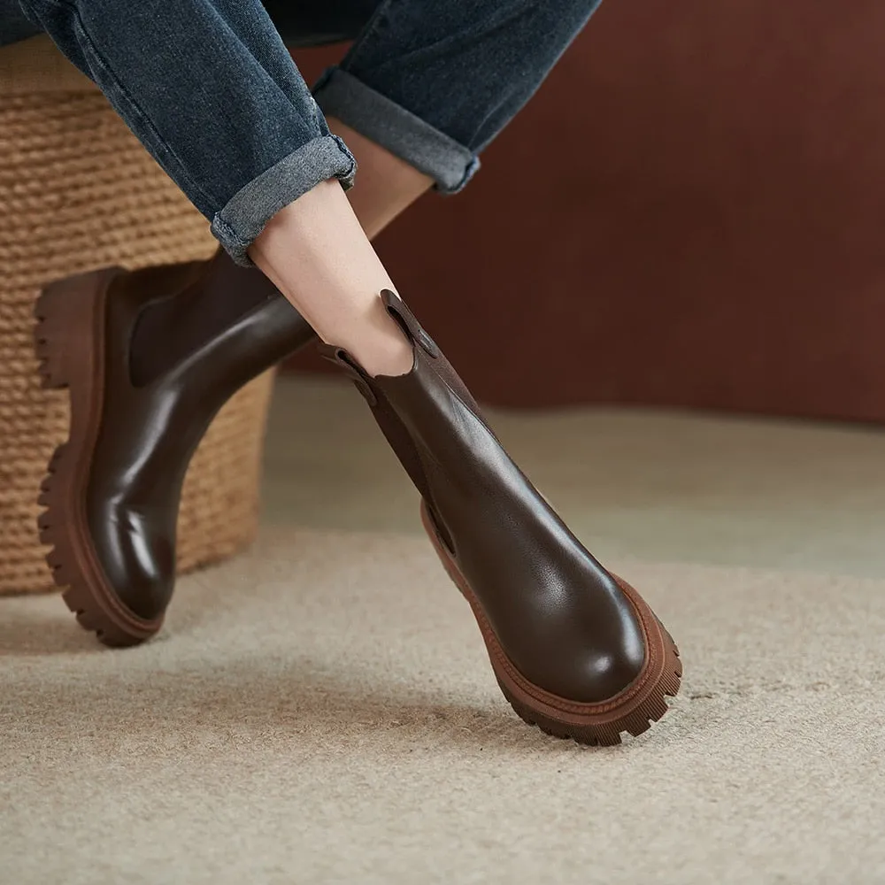 DEANWANGKT WHNB  New Cow Leather Chelsea Boots Women Slip on Ankle Boots Brown Fashion Genuine Leather Boots Ladies Fashion Shoes