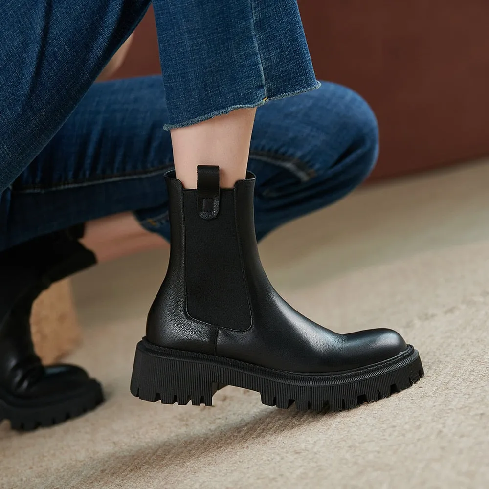 DEANWANGKT WHNB  New Cow Leather Chelsea Boots Women Slip on Ankle Boots Brown Fashion Genuine Leather Boots Ladies Fashion Shoes