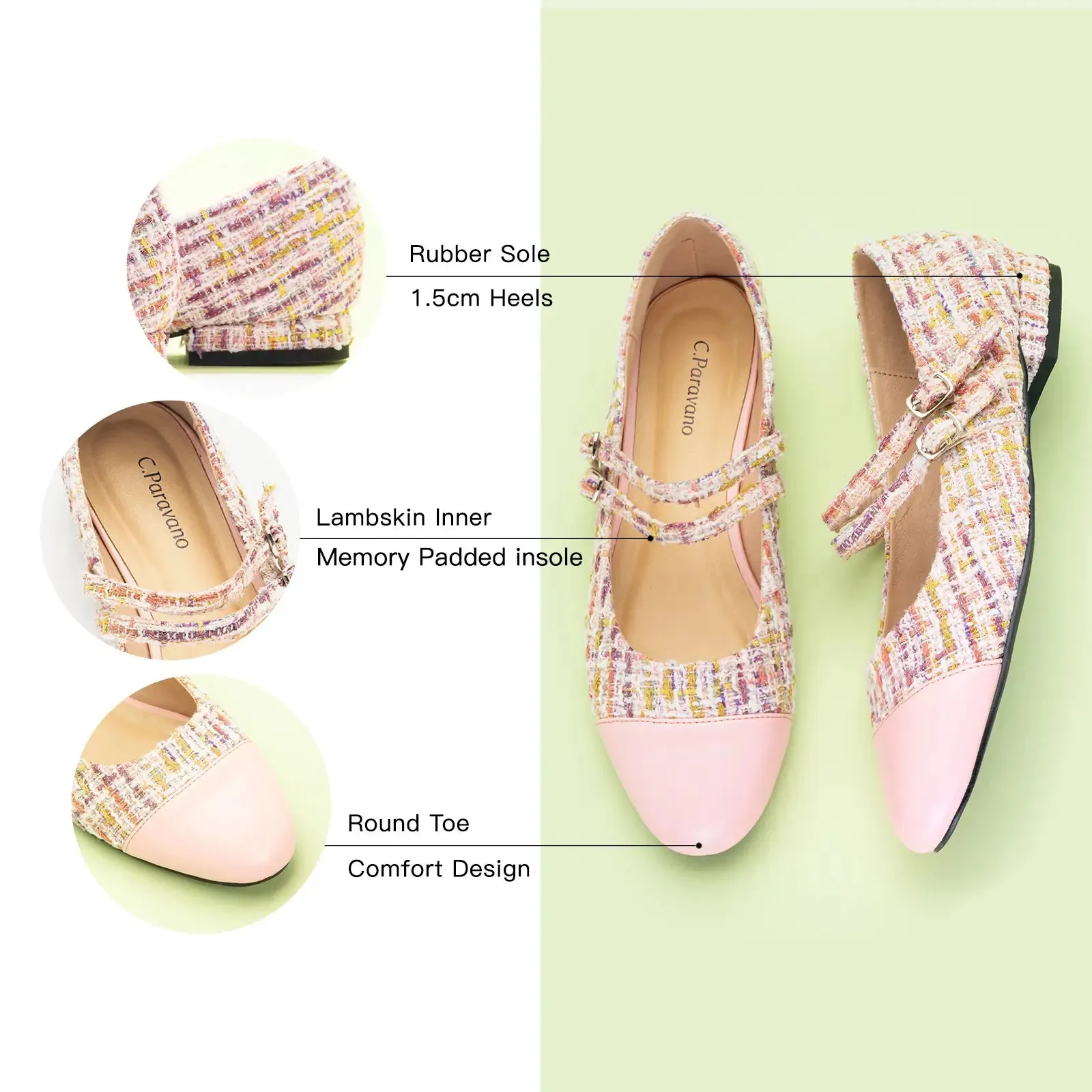 Double-Strap Tweed Mary Jane (Clara) Pink