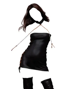 Dreamgirl Wetlook Chemise With Lace-Up Sides, Choker Collar & Chain Wrist Restraints Black One Size