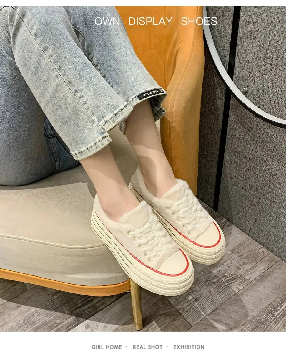 Female Autumn and Winter  White Shoes Warm plus Velvet Cotton Shoes Plush Shoes