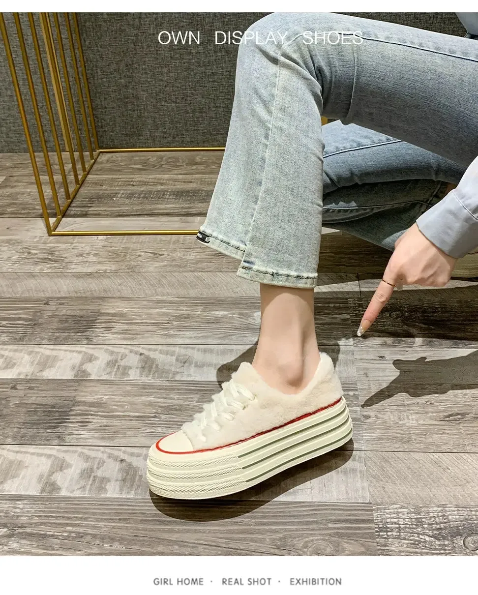 Female Autumn and Winter  White Shoes Warm plus Velvet Cotton Shoes Plush Shoes
