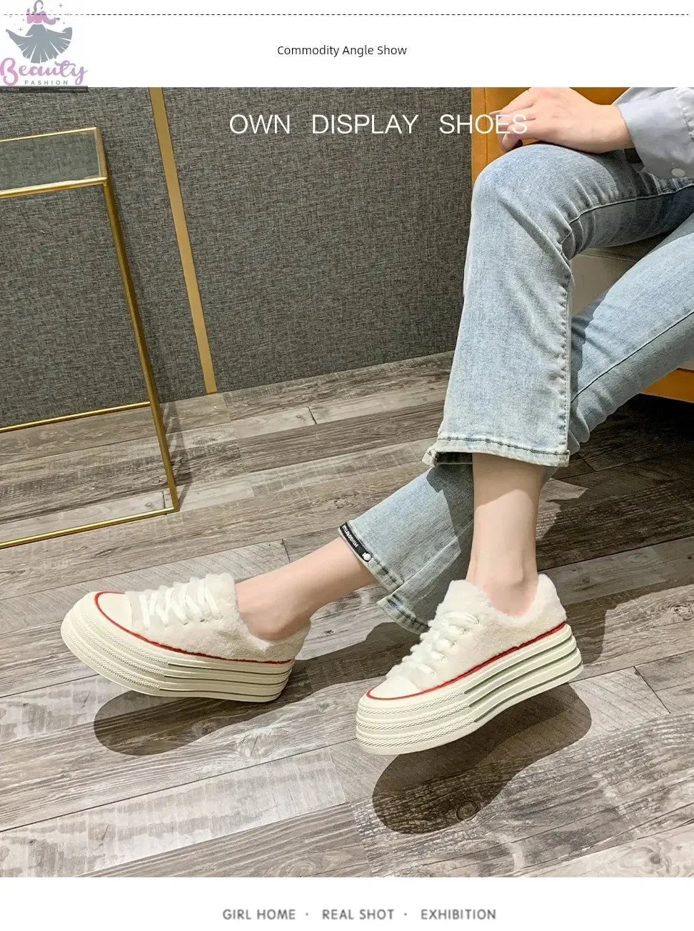 Female Autumn and Winter  White Shoes Warm plus Velvet Cotton Shoes Plush Shoes
