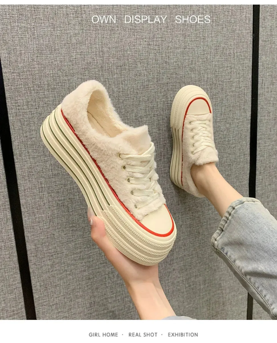 Female Autumn and Winter  White Shoes Warm plus Velvet Cotton Shoes Plush Shoes