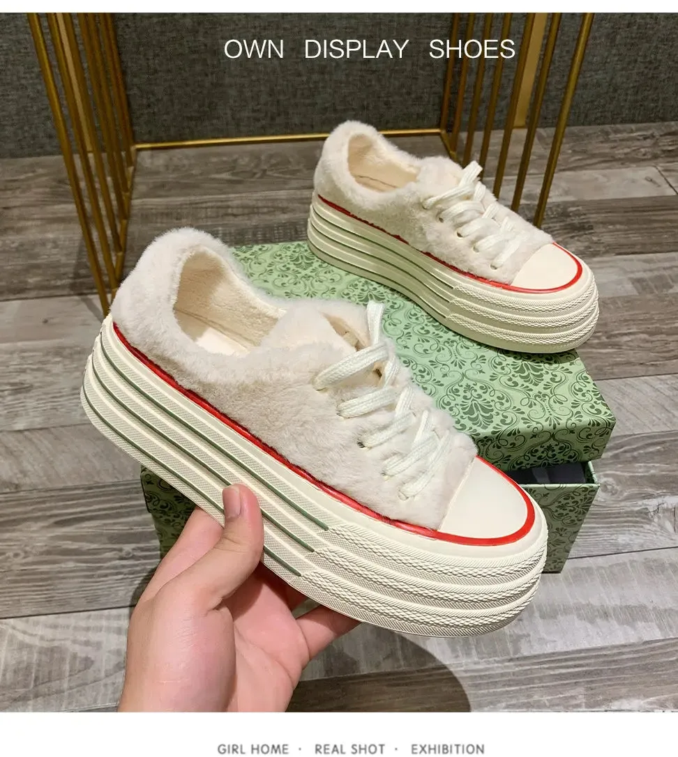 Female Autumn and Winter  White Shoes Warm plus Velvet Cotton Shoes Plush Shoes