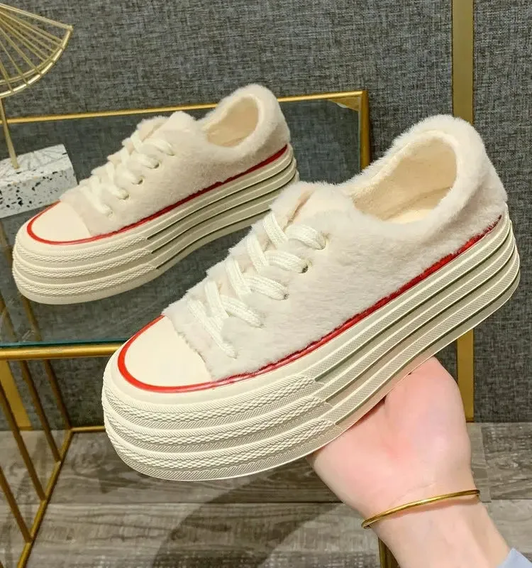 Female Autumn and Winter  White Shoes Warm plus Velvet Cotton Shoes Plush Shoes
