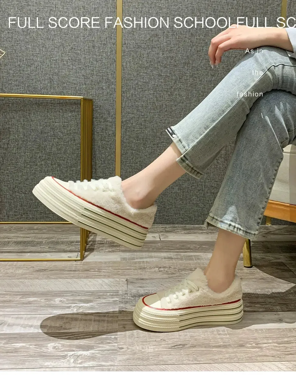 Female Autumn and Winter  White Shoes Warm plus Velvet Cotton Shoes Plush Shoes