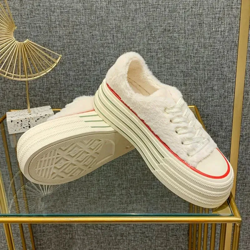 Female Autumn and Winter  White Shoes Warm plus Velvet Cotton Shoes Plush Shoes