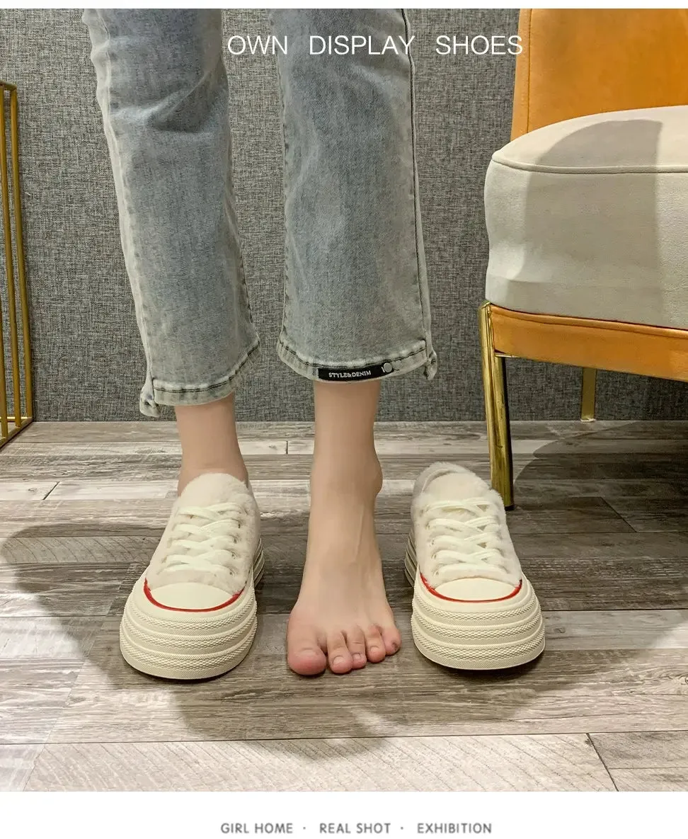 Female Autumn and Winter  White Shoes Warm plus Velvet Cotton Shoes Plush Shoes