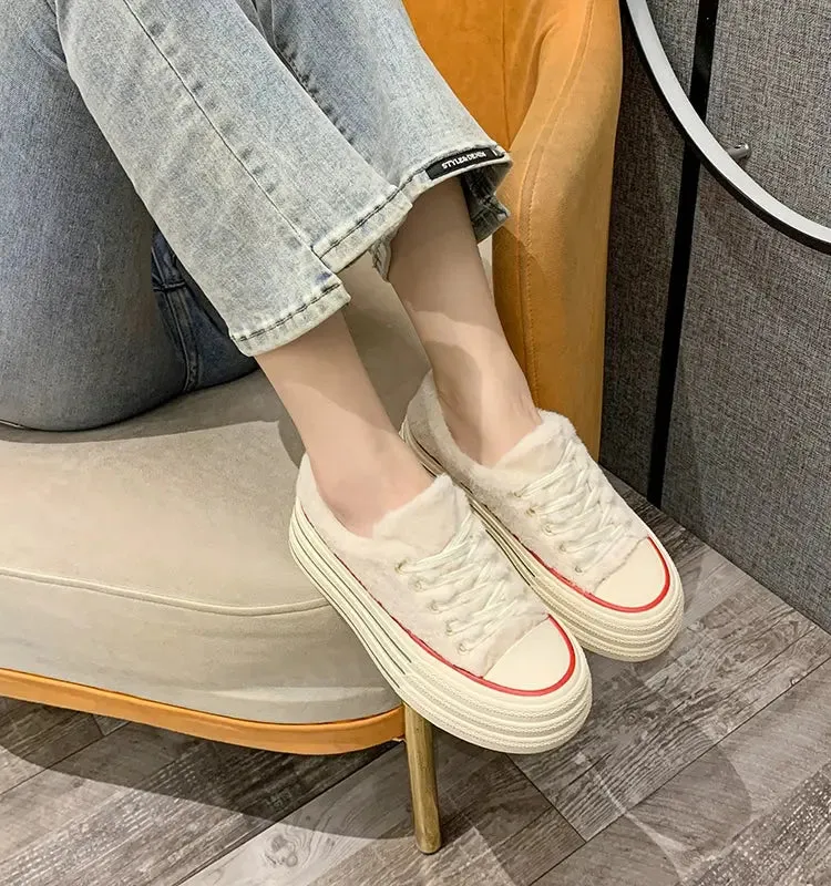 Female Autumn and Winter  White Shoes Warm plus Velvet Cotton Shoes Plush Shoes