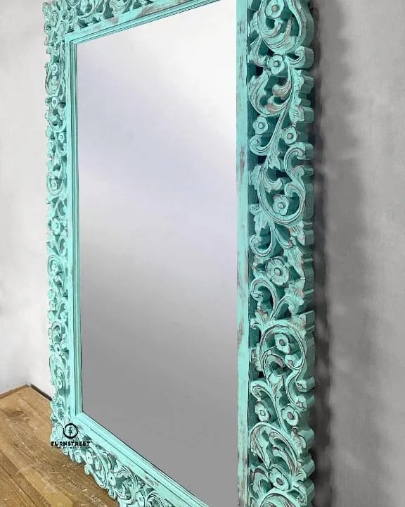 FURNSTREET FURNITURE Modern Designer Wall Decor Handcarved Wood Decorative Blue Mirror Frame for Bedroom Home Decor Without Mirror Wooden Furniture - 92l X 153w Centimeters