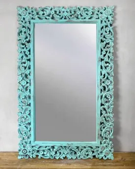 FURNSTREET FURNITURE Modern Designer Wall Decor Handcarved Wood Decorative Blue Mirror Frame for Bedroom Home Decor Without Mirror Wooden Furniture - 92l X 153w Centimeters