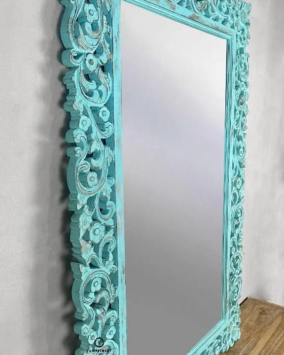 FURNSTREET FURNITURE Modern Designer Wall Decor Handcarved Wood Decorative Blue Mirror Frame for Bedroom Home Decor Without Mirror Wooden Furniture - 92l X 153w Centimeters