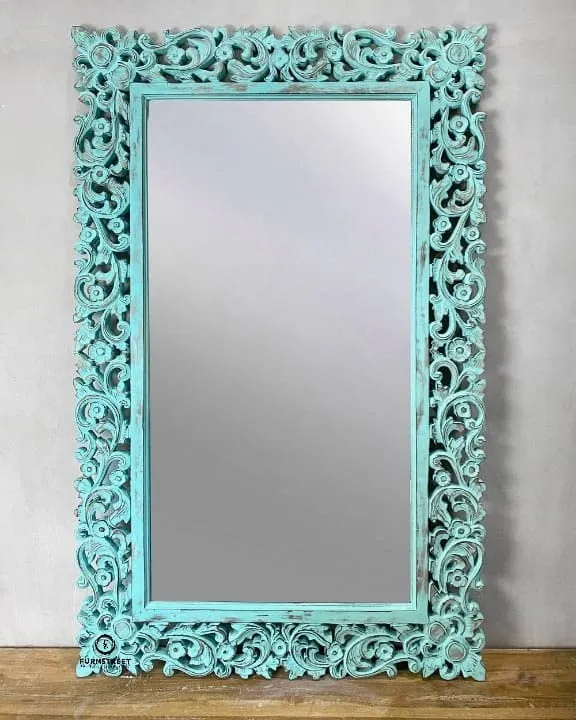 FURNSTREET FURNITURE Modern Designer Wall Decor Handcarved Wood Decorative Blue Mirror Frame for Bedroom Home Decor Without Mirror Wooden Furniture - 92l X 153w Centimeters