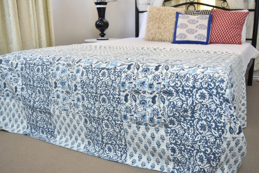 Handmade Hand Block Patchwork Cotton Reversible Kantha Quilt Bedspread Throw