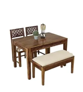 Jodhpur Furniture Sheesham Wood 4 Seater Dining Table with 2 Chairs and Bench Four Seater Dining Room Furniture CNC Design Dinner Table for Living Room Home and Restaurant (Natural Finish)