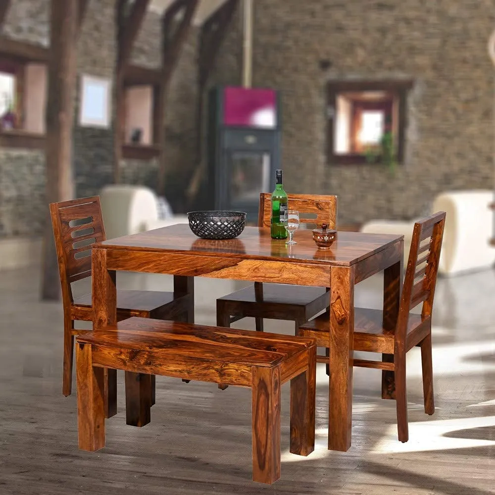 Jodhpur Furniture Sheesham Wooden Dining Table 4 Seater | Dining Table Set with 3 Chairs & 1 Bench | Home Dining Room Furniture | Honey Finish