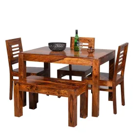 Jodhpur Furniture Sheesham Wooden Dining Table 4 Seater | Dining Table Set with 3 Chairs & 1 Bench | Home Dining Room Furniture | Honey Finish