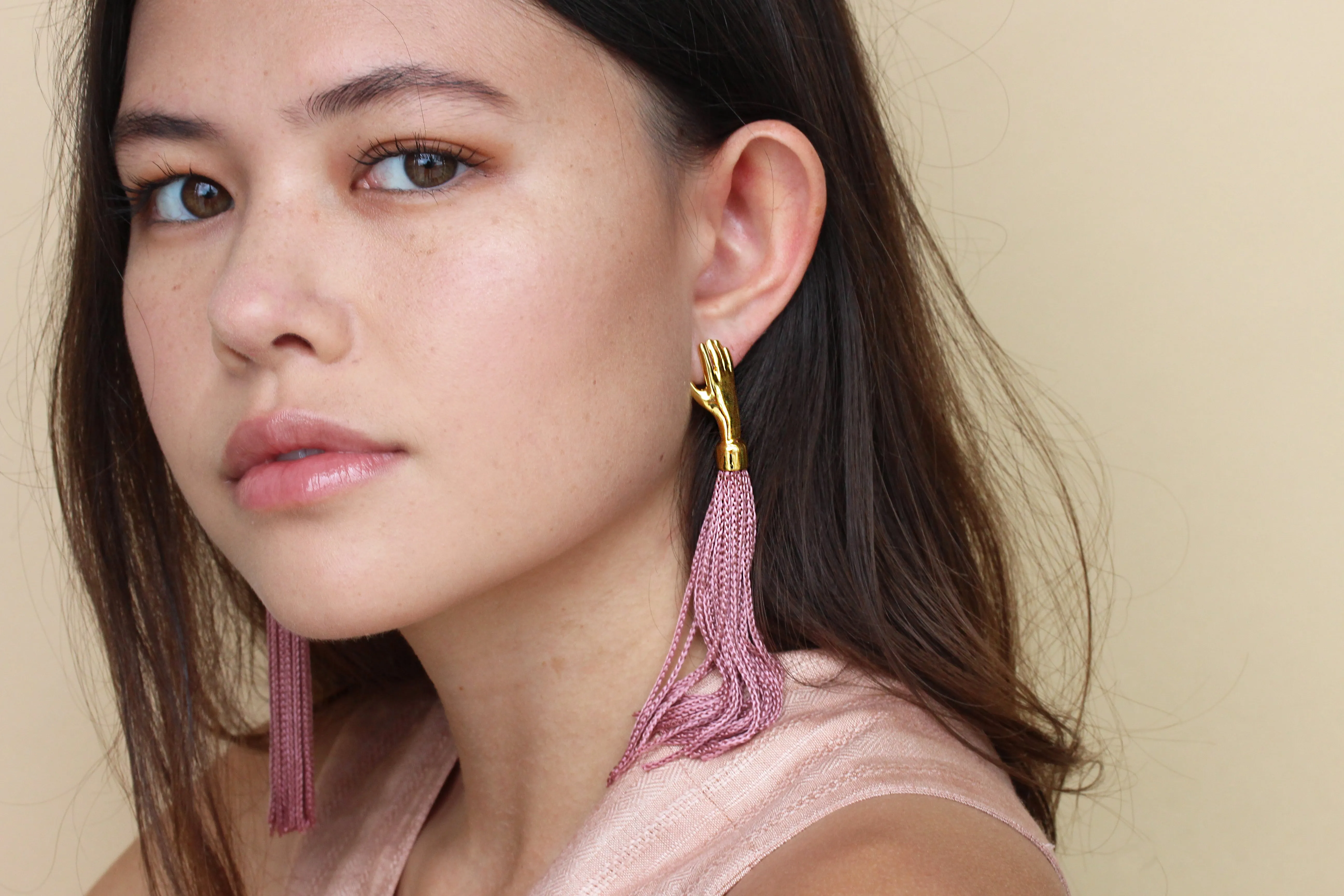 Lady Grey Hand Silk Tassel Earrings Blush