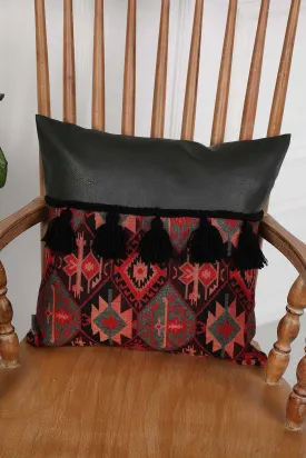 Leather Decorative Pillow Cover with Beautiful Hanging Tassels, 18x18 Inches Traditional Anatolian Pattern Handicraft Cushion Cover,K-194