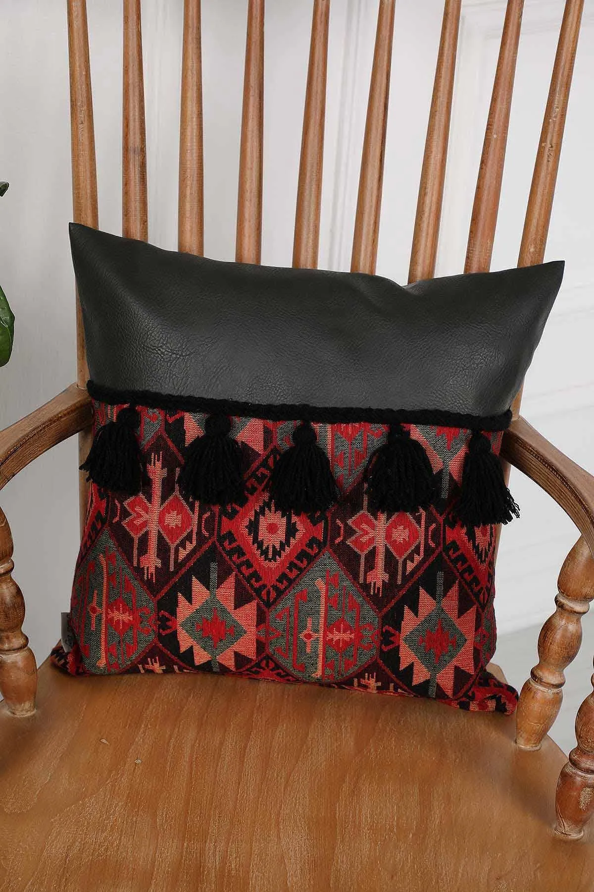 Leather Decorative Pillow Cover with Beautiful Hanging Tassels, 18x18 Inches Traditional Anatolian Pattern Handicraft Cushion Cover,K-194