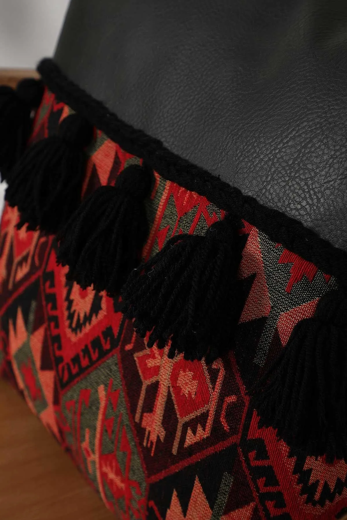 Leather Decorative Pillow Cover with Beautiful Hanging Tassels, 18x18 Inches Traditional Anatolian Pattern Handicraft Cushion Cover,K-194