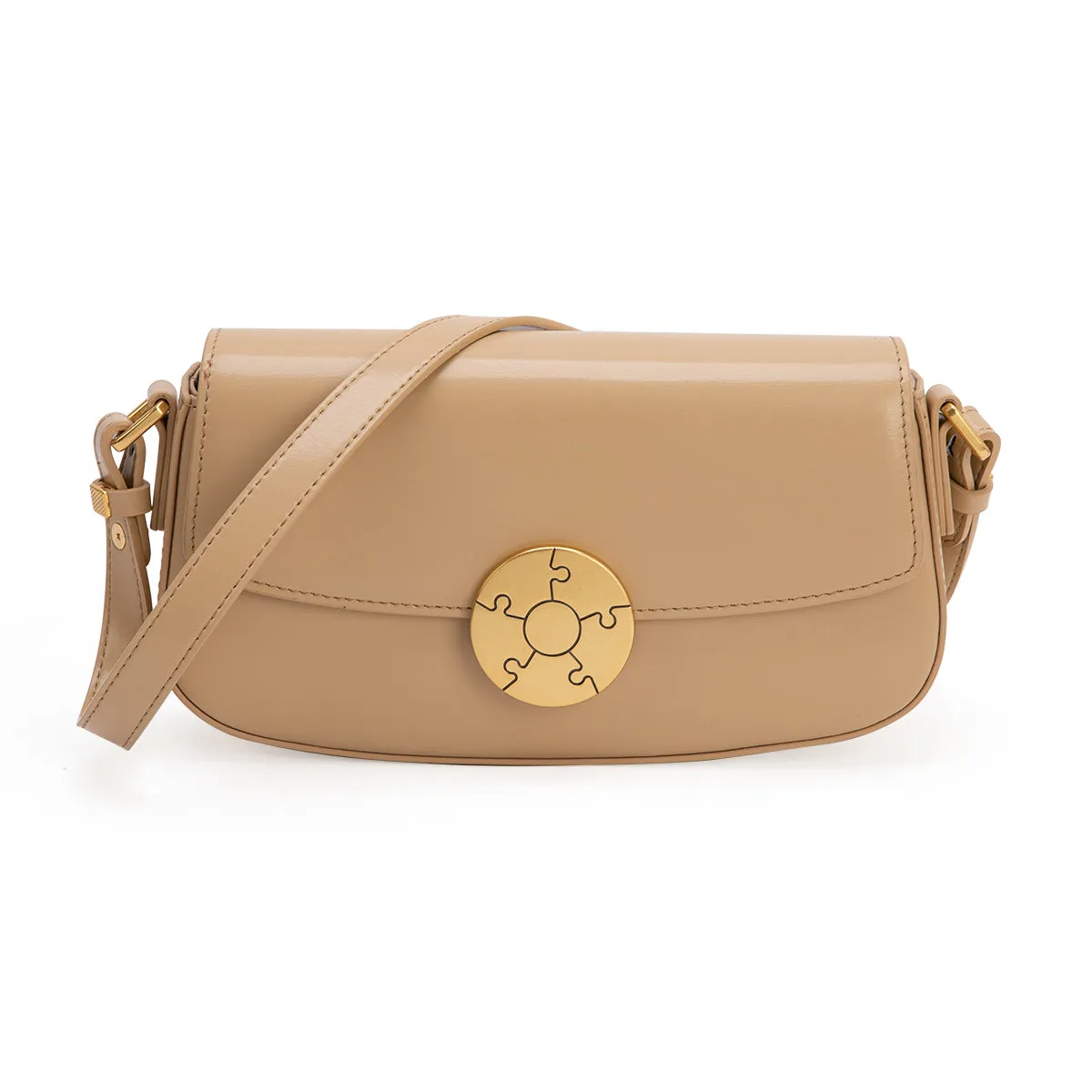 Luxury Leather Crossbody Box Bag with Elegant Circular Emblem, Fashion Leather Shoulder Bag
