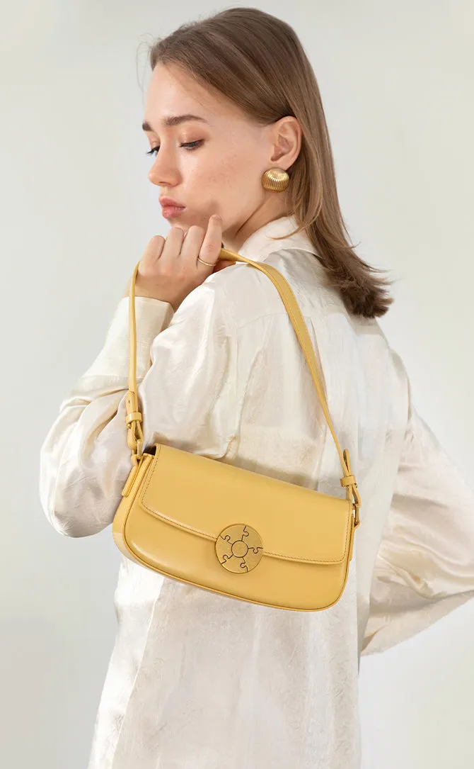 Luxury Leather Crossbody Box Bag with Elegant Circular Emblem, Fashion Leather Shoulder Bag