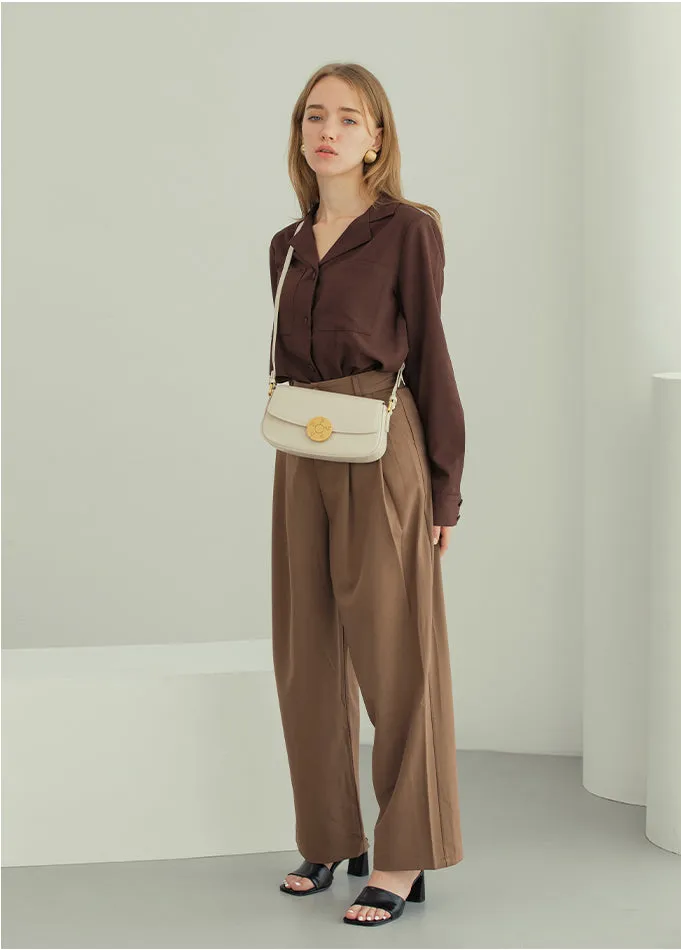 Luxury Leather Crossbody Box Bag with Elegant Circular Emblem, Fashion Leather Shoulder Bag