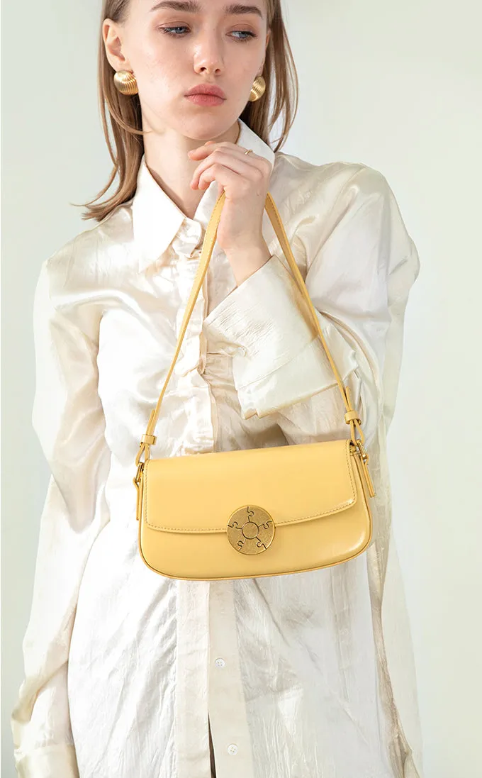 Luxury Leather Crossbody Box Bag with Elegant Circular Emblem, Fashion Leather Shoulder Bag