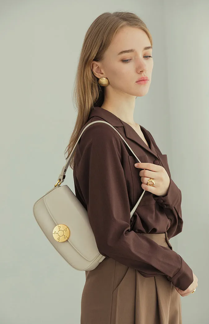 Luxury Leather Crossbody Box Bag with Elegant Circular Emblem, Fashion Leather Shoulder Bag