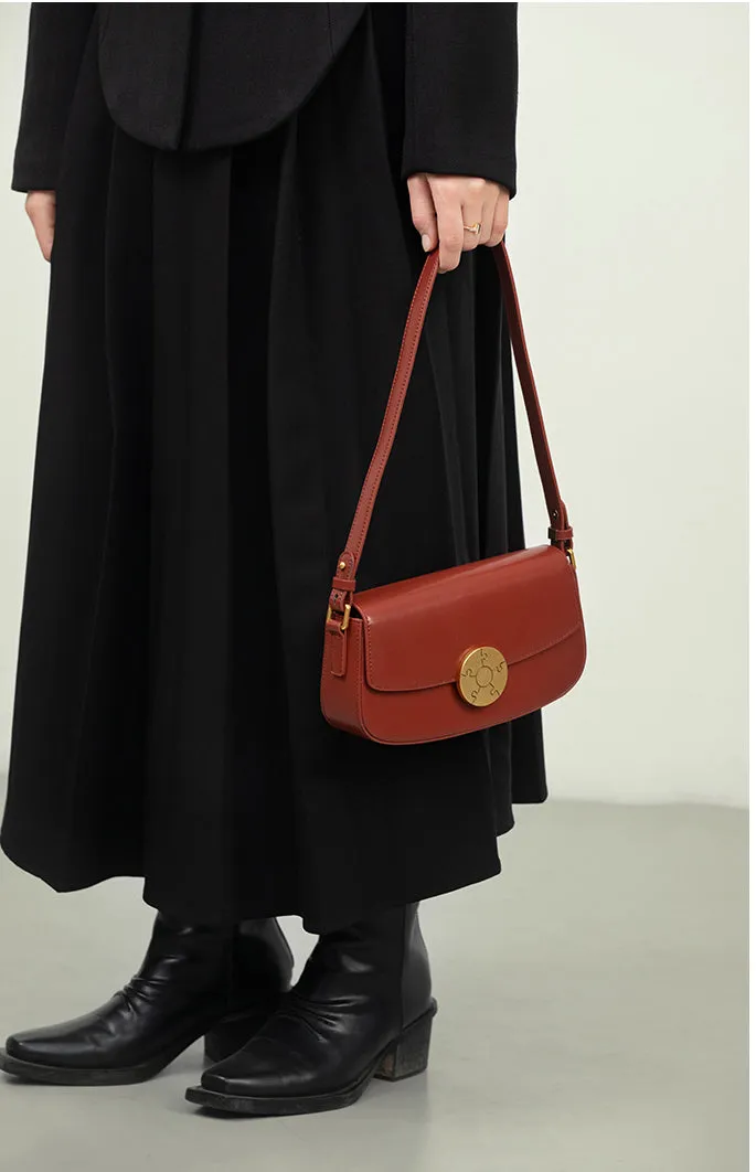 Luxury Leather Crossbody Box Bag with Elegant Circular Emblem, Fashion Leather Shoulder Bag