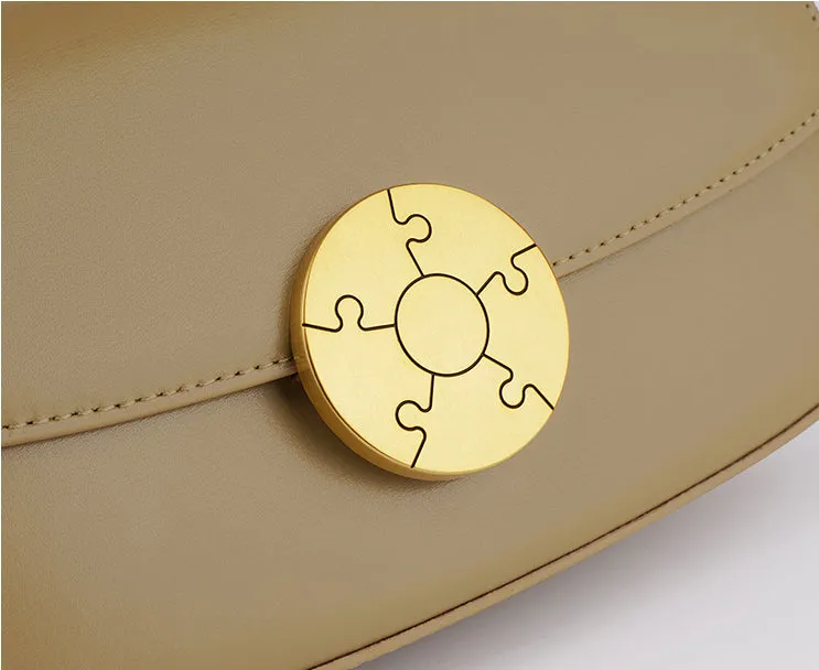 Luxury Leather Crossbody Box Bag with Elegant Circular Emblem, Fashion Leather Shoulder Bag