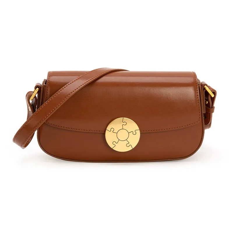 Luxury Leather Crossbody Box Bag with Elegant Circular Emblem, Fashion Leather Shoulder Bag