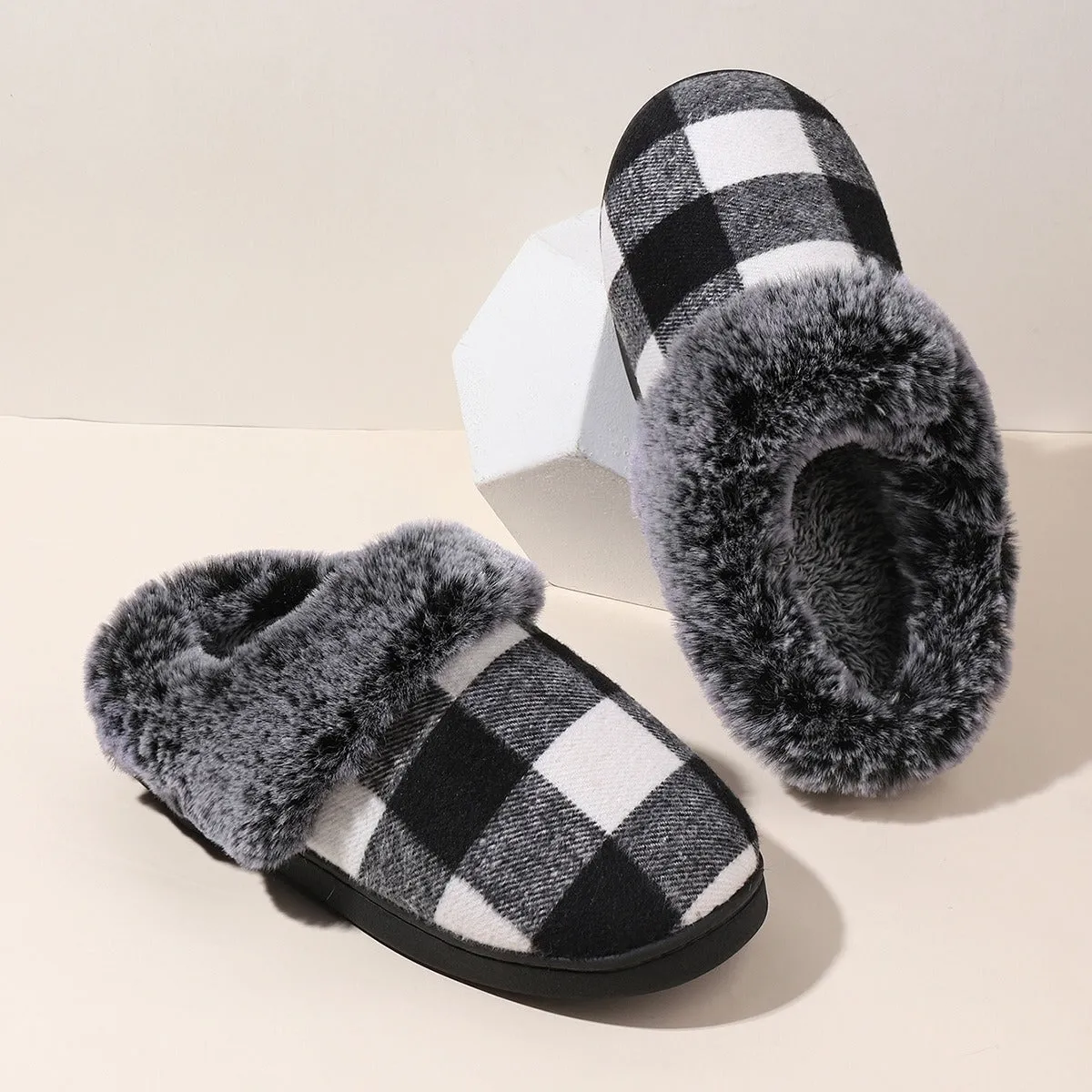 Plaid Fluffy Slippers Fashion Comfortable And Non-slip Cotton Slippers Cozy Footwear Warm Cotton Slippers Unisex cotton Slippers couples cotton footwear, lioness-love