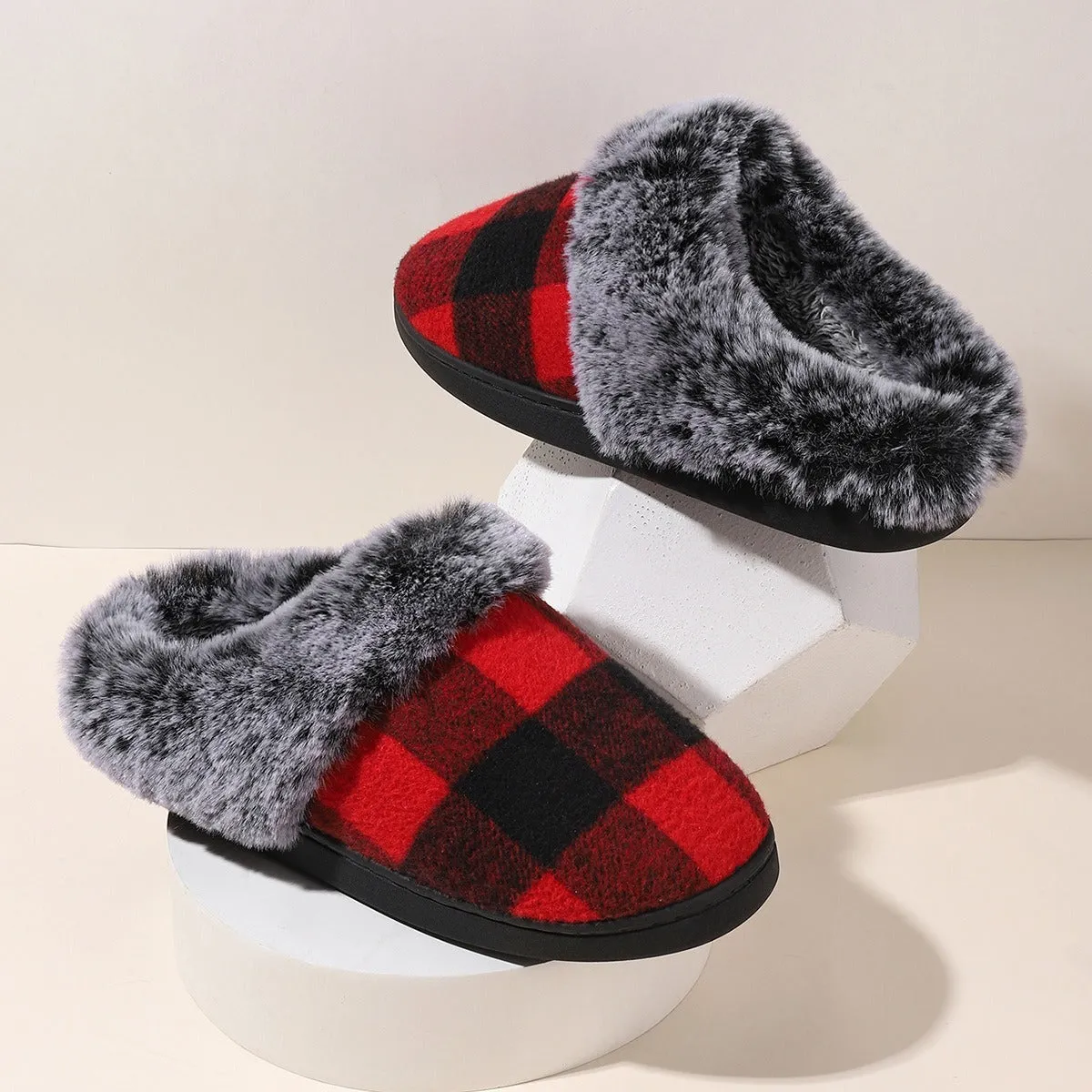 Plaid Fluffy Slippers Fashion Comfortable And Non-slip Cotton Slippers Cozy Footwear Warm Cotton Slippers Unisex cotton Slippers couples cotton footwear, lioness-love