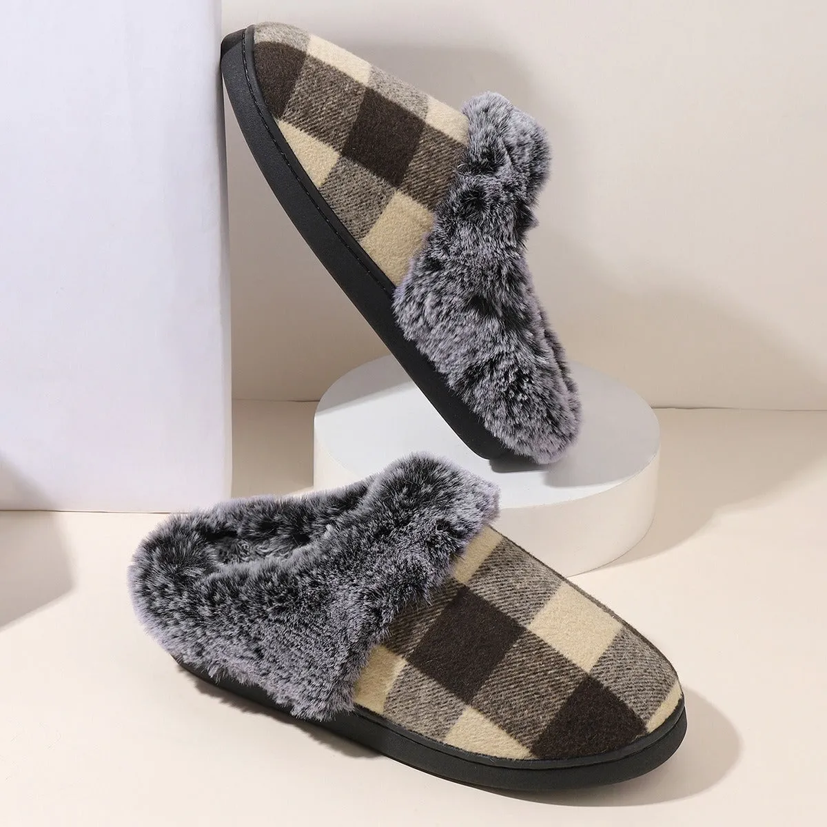 Plaid Fluffy Slippers Fashion Comfortable And Non-slip Cotton Slippers Cozy Footwear Warm Cotton Slippers Unisex cotton Slippers couples cotton footwear, lioness-love
