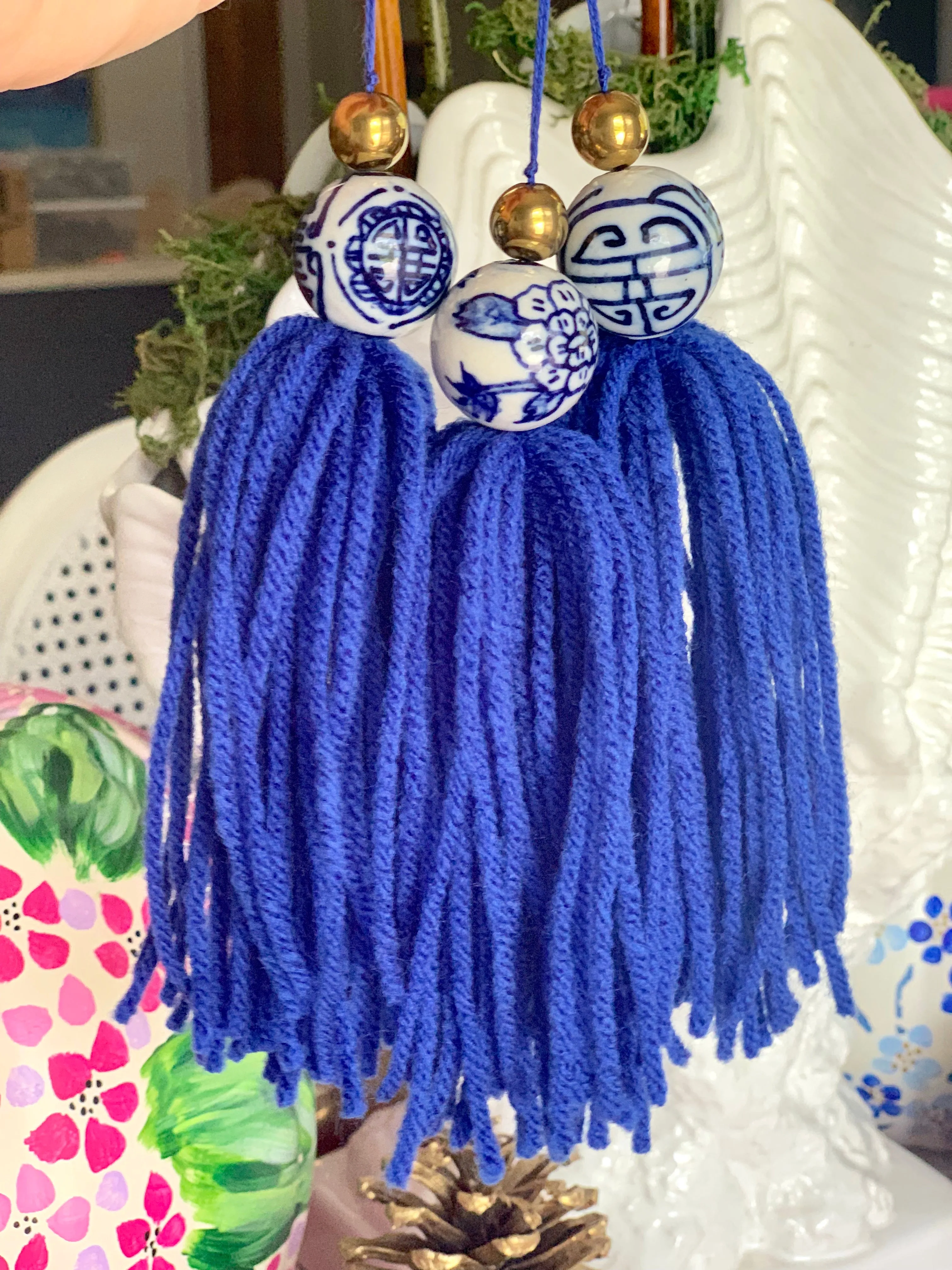 Porcelain Blue and White Chinoiserie Hot Pink Tassels