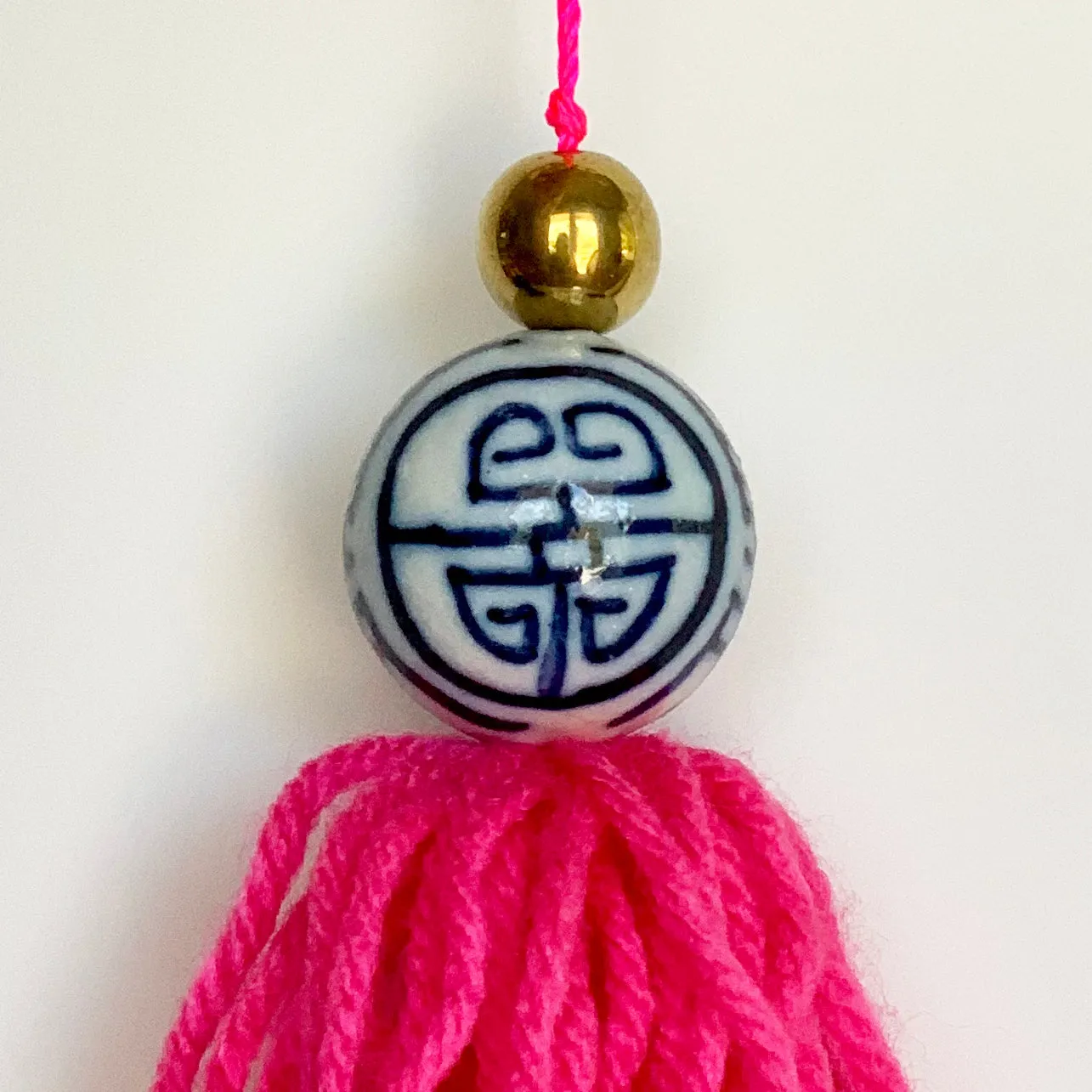 Porcelain Blue and White Chinoiserie Hot Pink Tassels