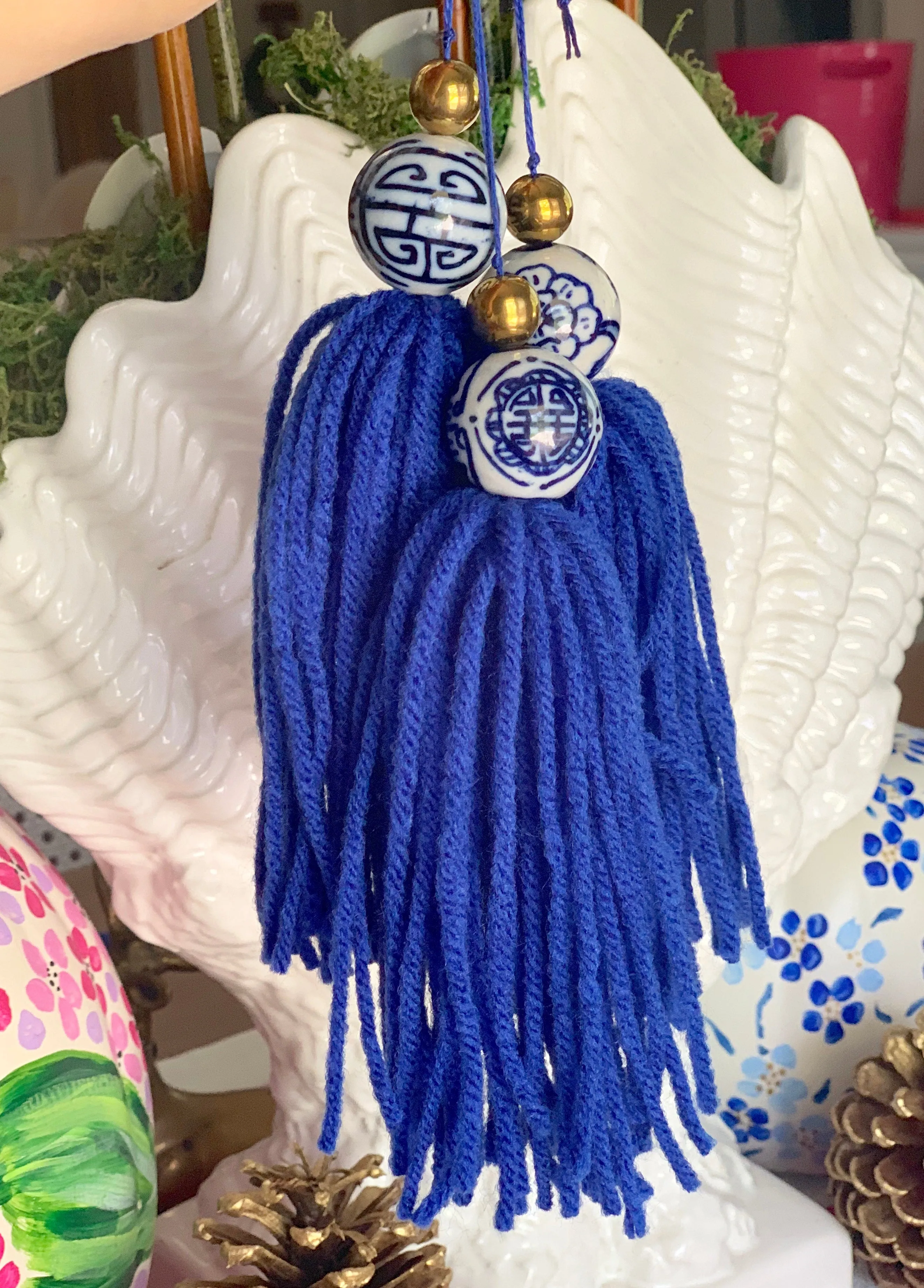 Porcelain Blue and White Chinoiserie Hot Pink Tassels