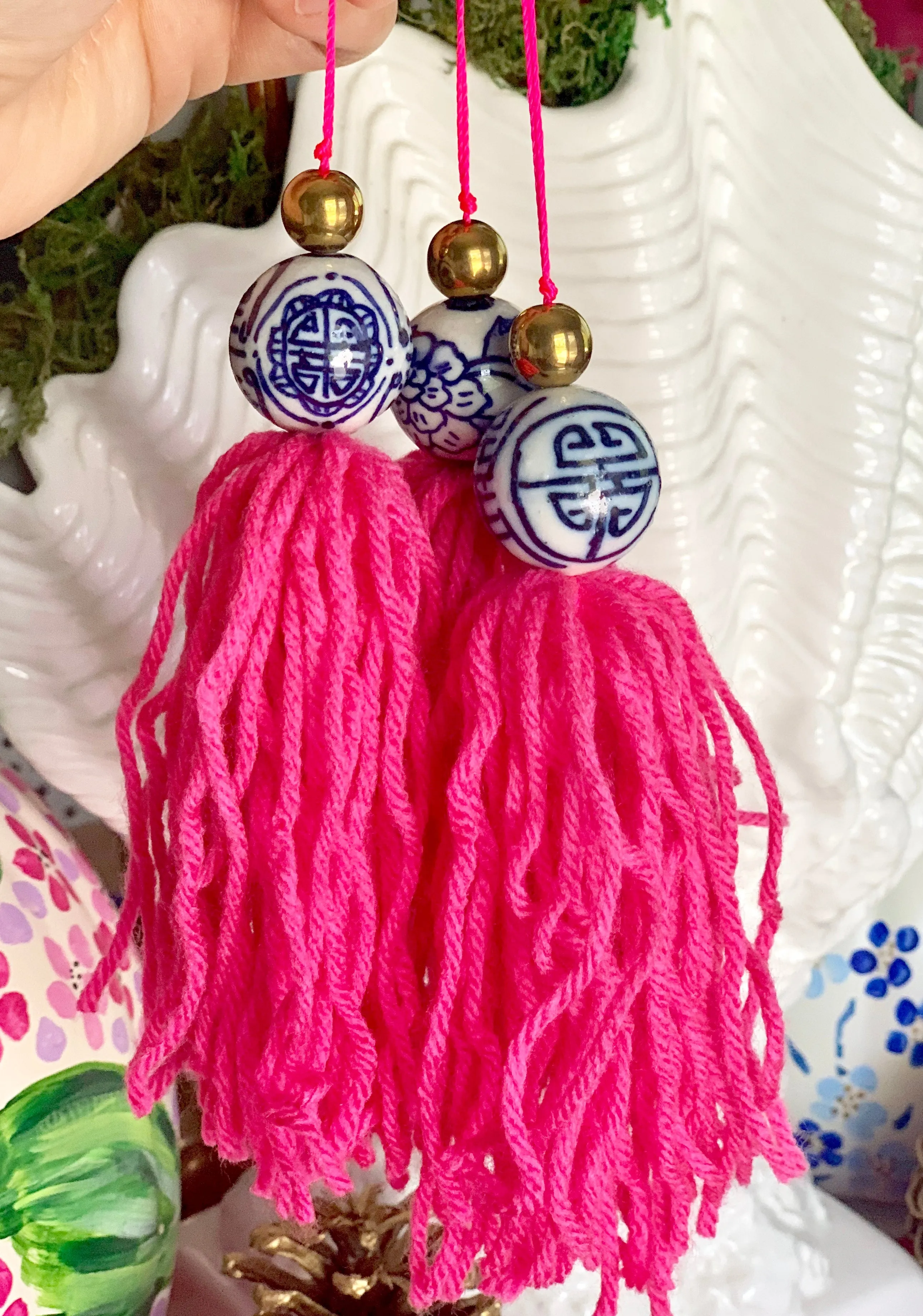 Porcelain Blue and White Chinoiserie Hot Pink Tassels