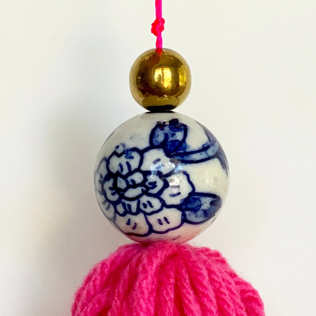 Porcelain Blue and White Chinoiserie Hot Pink Tassels