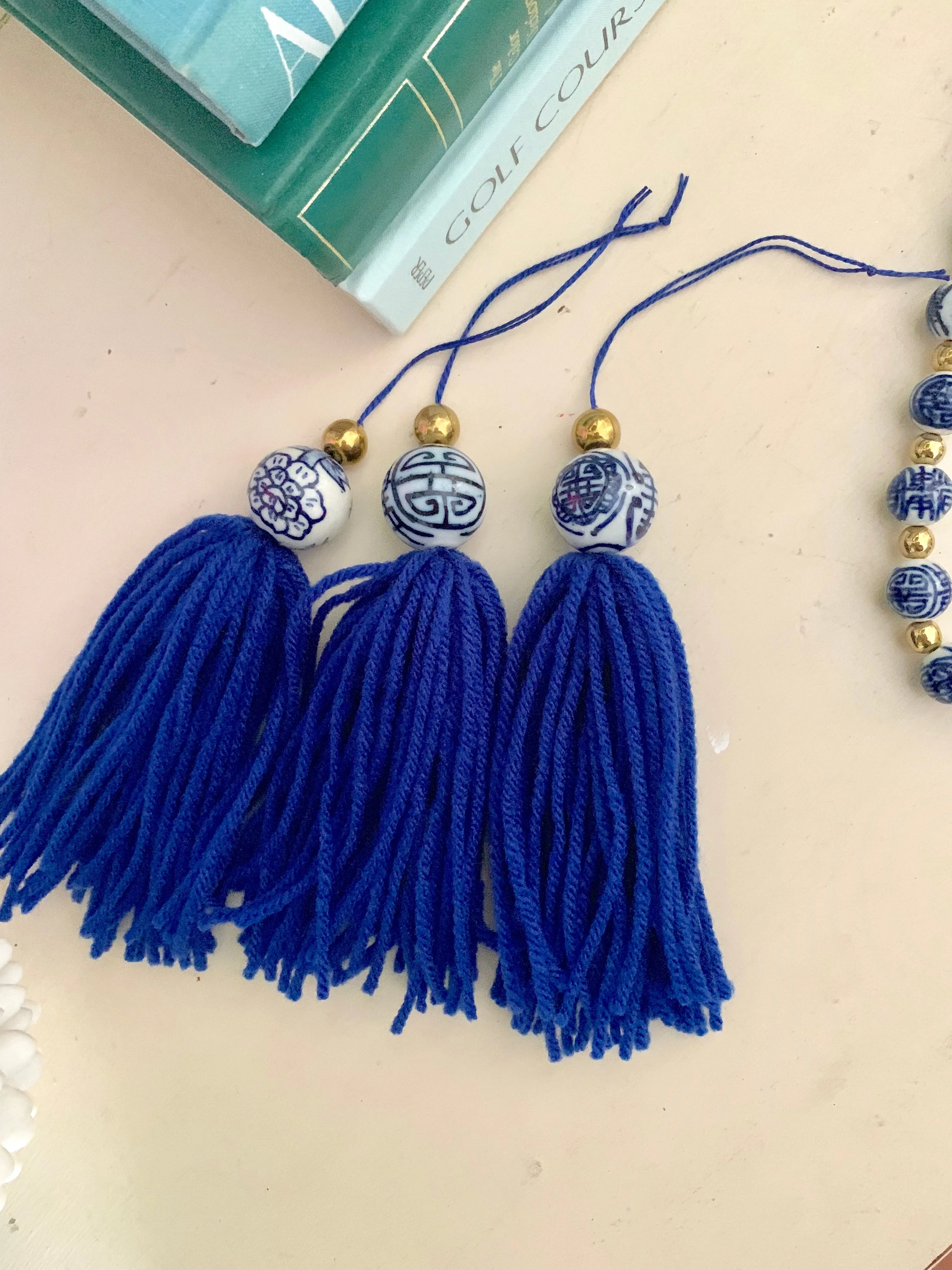 Porcelain Blue and White Chinoiserie Hot Pink Tassels