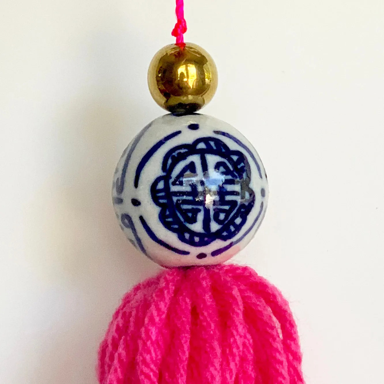 Porcelain Blue and White Chinoiserie Hot Pink Tassels