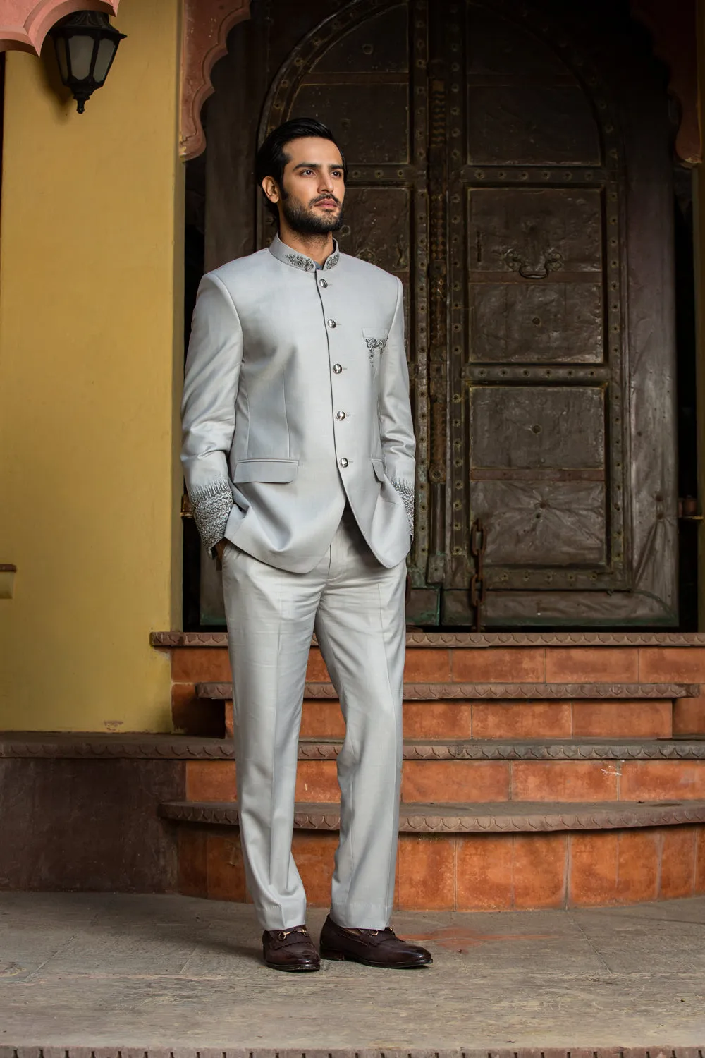 Silver Grey Jodhpur Suit Zardozi Embroidered