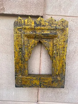 Spice Box Handmade Vintage Style Indian Temple Mirror Medium Wall Decor Hand Carved Solid Hard Wood Decorative Wall Mirror Frame for Bedroom | Home Decor | Living Room Rustic Yellow Fort Style